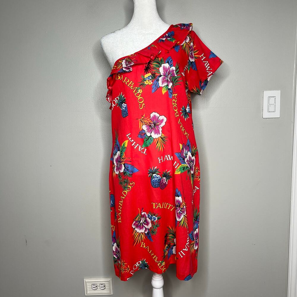 Womens Hawaiian Dress One-Shoulder Ruffle Blue Floral Tropical Knee-Length Sz *L